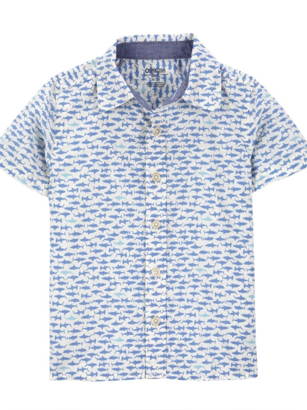 OshKosh B'gosh|White and Blue DitsyShark-Print Button-Down Shirt with collar•NWT